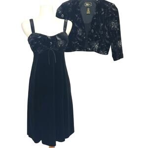 Y2k Black Velvet Rhinestone Short Babydoll Dress & Cropped Jacket Whimsigoth